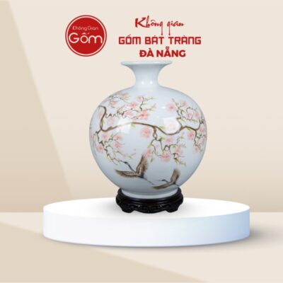 Bình hút lộc in logo màu trắng hoạ tiết cành đào chim én BHLQT-02