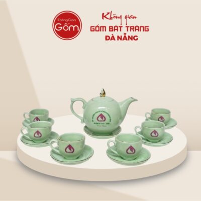 Bộ ấm chén in logo màu xanh lá dáng bưởi lửa vẽ vàng ACQT-03