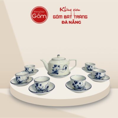 Bộ ấm trà in logo màu trắng dáng quai vuông hoạ tiết hoa sen xanh ACQT-02