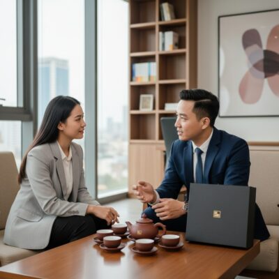 Hai doanh nhân Việt Nam trong trang phục công s...