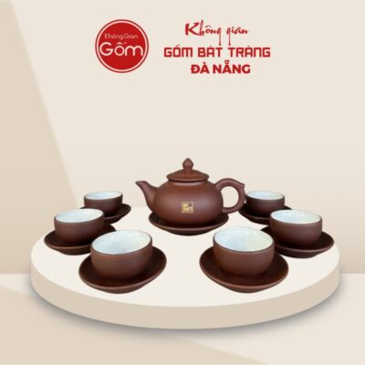 Bộ ấm trà in logo tử sa dáng bầu tròn màu nâu đất ACQT-01