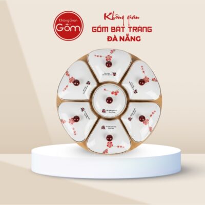 Khay mứt in logo dáng 5 cánh hoa màu trắng hoạ tiết hoa đào đỏ KMQT-03