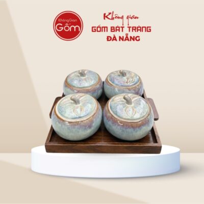Khay mứt in logo 4 hũ dáng bí men xanh hoả biến KMQT-01
