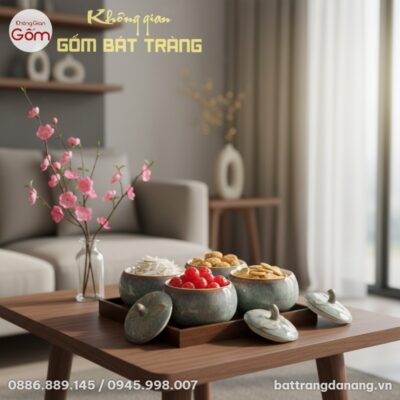 Khay mứt gốm sứ Bát Tràng men xanh hỏa biến đặt...