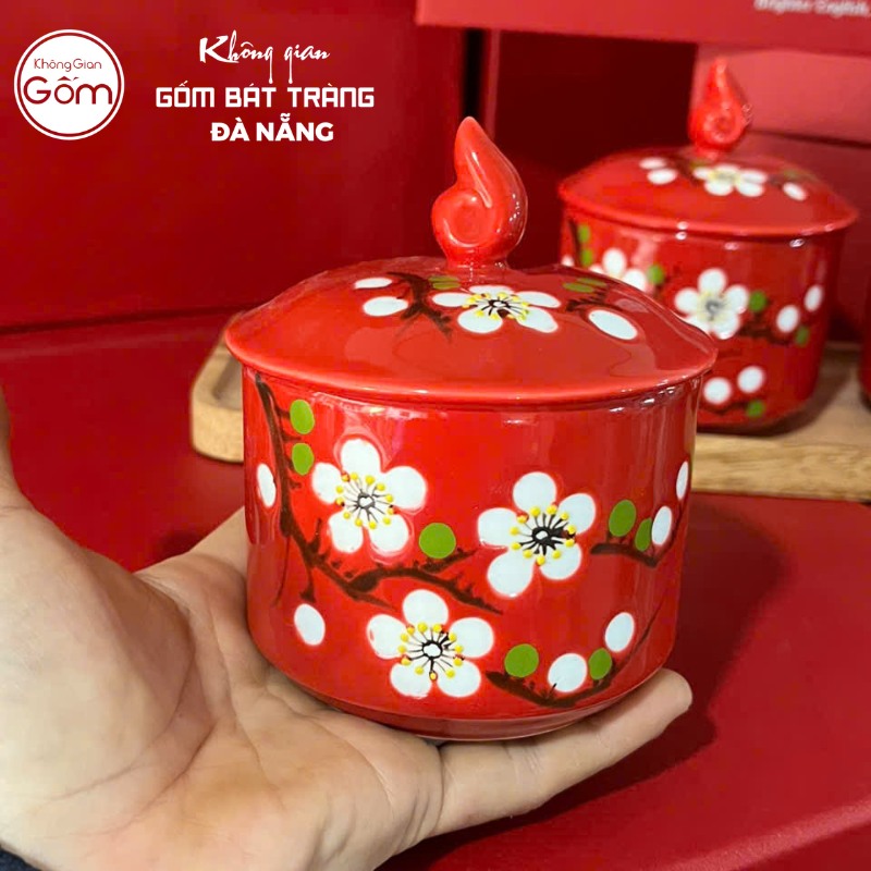 Khay mứt in logo 3 hũ dáng tròn màu đỏ hoạ tiết hoa mai trắng KMQT-04 - Ảnh 5