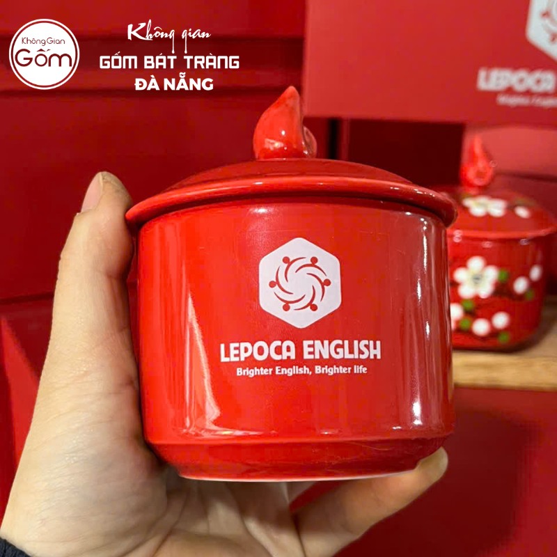 Khay mứt in logo 3 hũ dáng tròn màu đỏ hoạ tiết hoa mai trắng KMQT-04 - Ảnh 6