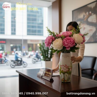 Một lọ hoa gốm Bát Tràng Agribank họa tiết sen ...