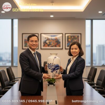 Lọ hoa gốm sứ Bát Tràng màu trắng với hoa sen x...