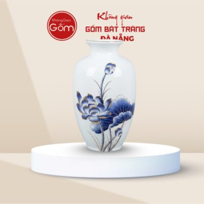 Lọ hoa in logo dáng cổ rụt màu trắng hoạ tiết hoa sen xanh LHQT-02