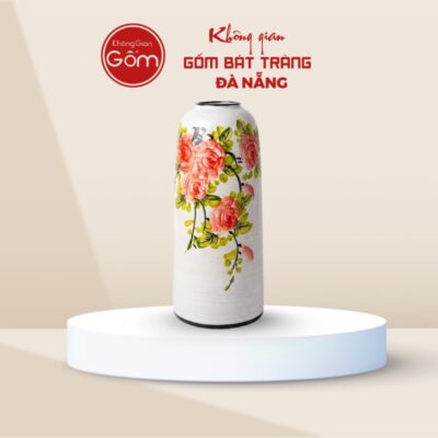 Lọ hoa in logo dáng ống màu trắng hoạ tiết hoa mẫu đơn LHQT-04