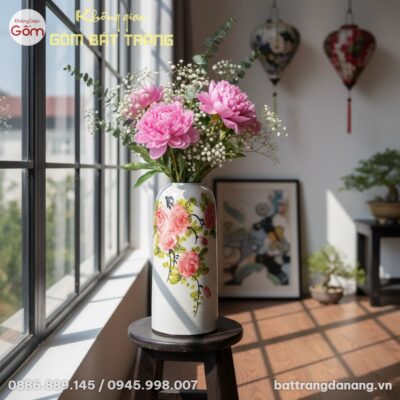 Lọ hoa gốm Bát Tràng dáng trụ cao, men trắng ng...