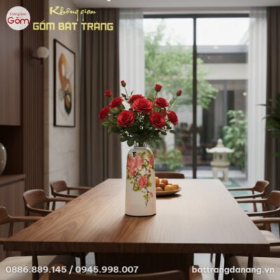 Lọ hoa gốm sứ Bát Tràng dáng thanh mảnh, men tr...