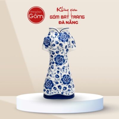 Bình hoa Bát Tràng dáng Áo Dài vẽ hoa dây cách điệu men lam BTĐN-BH175