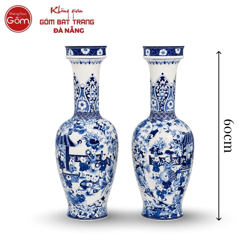 Cặp lộc bình men lam hoạt tiết Bách Nhi Bách Phúc vẽ tay cao 60cm BTĐN-LB19 - Ảnh 3