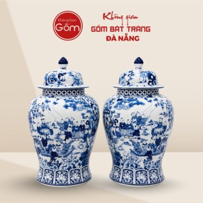 Đôi chóe Bát Tràng men lam vẽ họa tiết Đồng Tử Hý Xuân BTĐN-CT10
