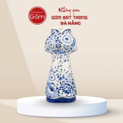 Lọ cắm hoa dáng Áo Dài men lam vẽ hoa dây cách điệu uốn lượn BTĐN-BH169