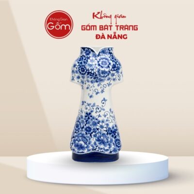 Lọ hoa Áo Dài Bát Tràng họa tiết hoa mẫu đơn vẽ tay men lam BTĐN-BH173