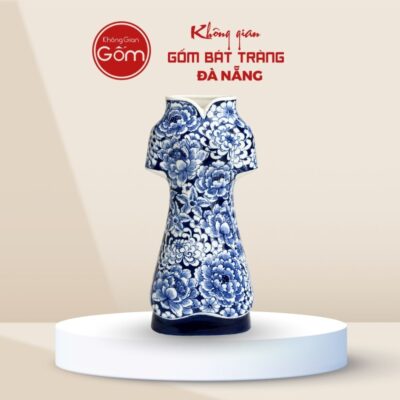 Lọ hoa Áo Dài Bát Tràng men lam vẽ hoa mẫu đơn đại đóa BTĐN-BH174