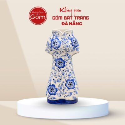 Lọ hoa Bát Tràng dáng Áo Dài họa tiết ngàn hoa xanh lam BTĐN-BH170