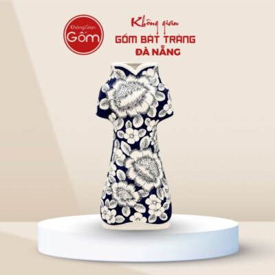 Lọ hoa gốm sứ dáng Áo Dài họa tiết mẫu đơn đại đóa men lam cổ BTĐN-BH172