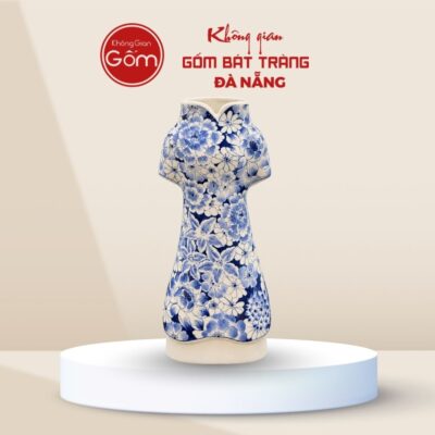 Lọ hoa gốm sứ dáng Áo Dài men lam họa tiết ngàn hoa đan xen BTĐN-BH171