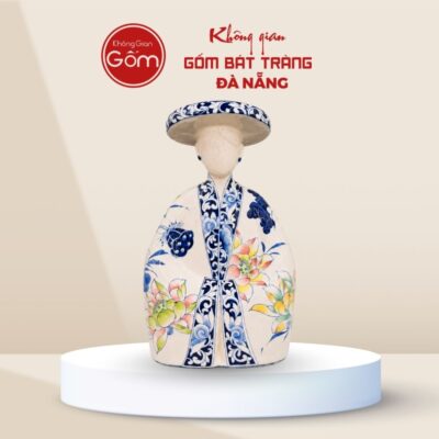 Tượng gốm cô gái mặc cổ phục Nhật Bình vẽ tay họa tiết hoa sen BTĐN-TG19